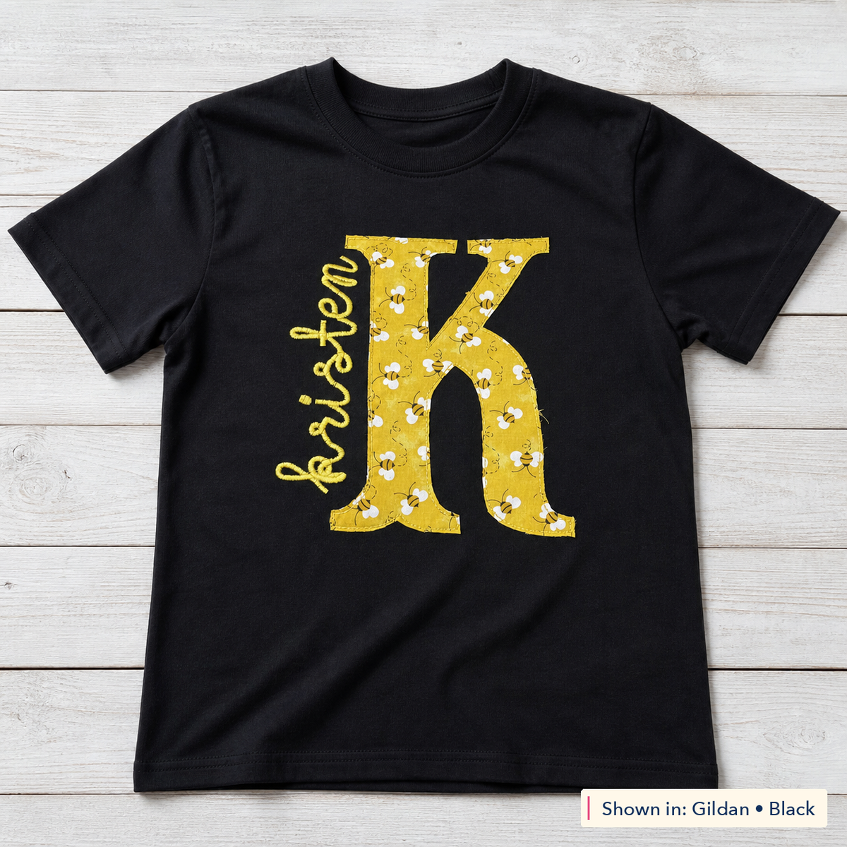 Bee Print Initial & Name Tee. Shown in: Gildan • Black.